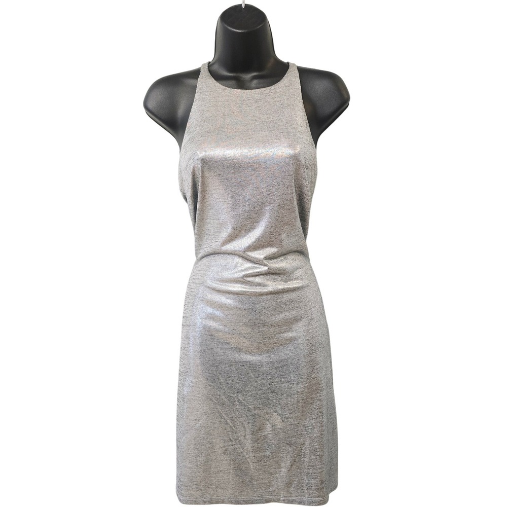 NWT White House Black Market Silver Metallic Halter Strappy Back Dress‎ SP